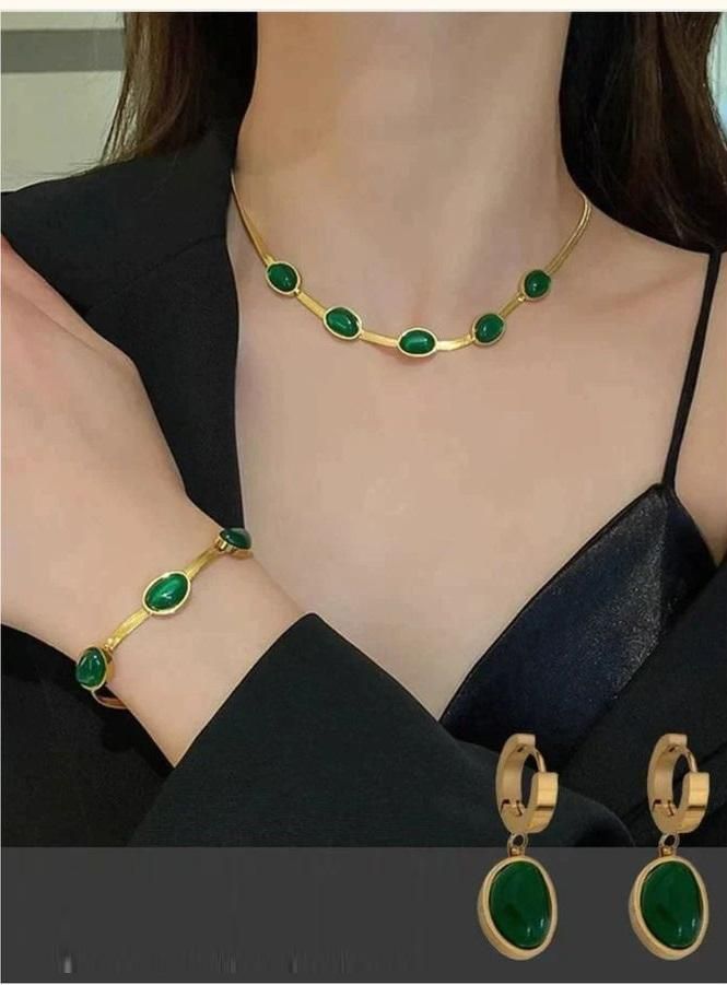 Trendy Green Crystal Pendant Necklace Set With Bracelet